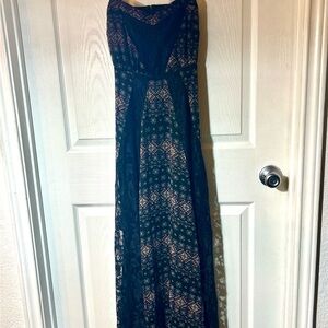 Elegant Black Lace and Dainty Beige/Blue/Plum Aztec Print Maxi Dress